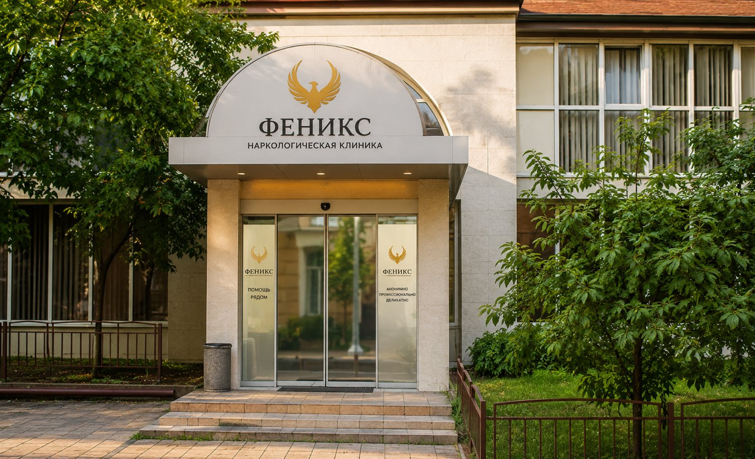 Вход в наркологическую клинику «Феникс» в Отрадном